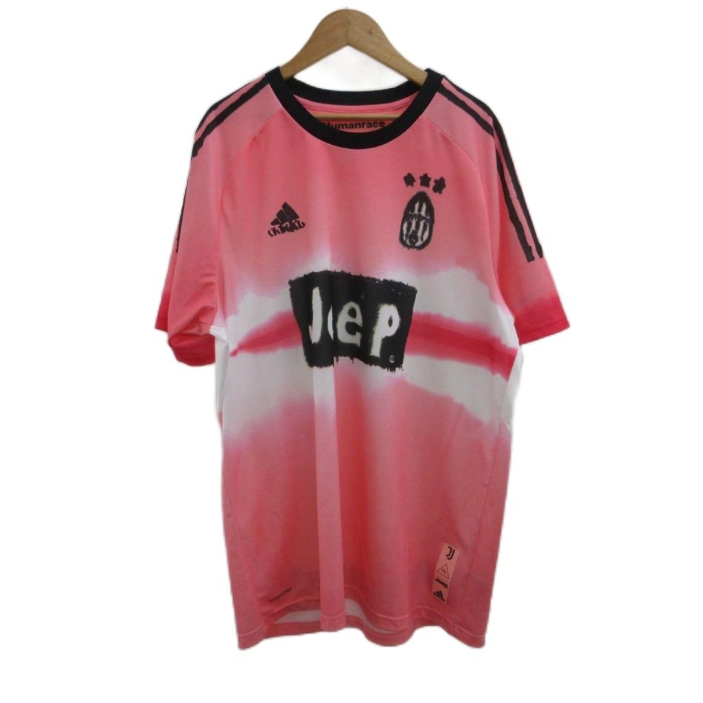 アディダス adidas HUMANRACE ユベントスコラボ Tシャツ 半袖 ユニフォーム スプレー L ピンク 白 ホワイト ロゴプリント /PP ■GY18