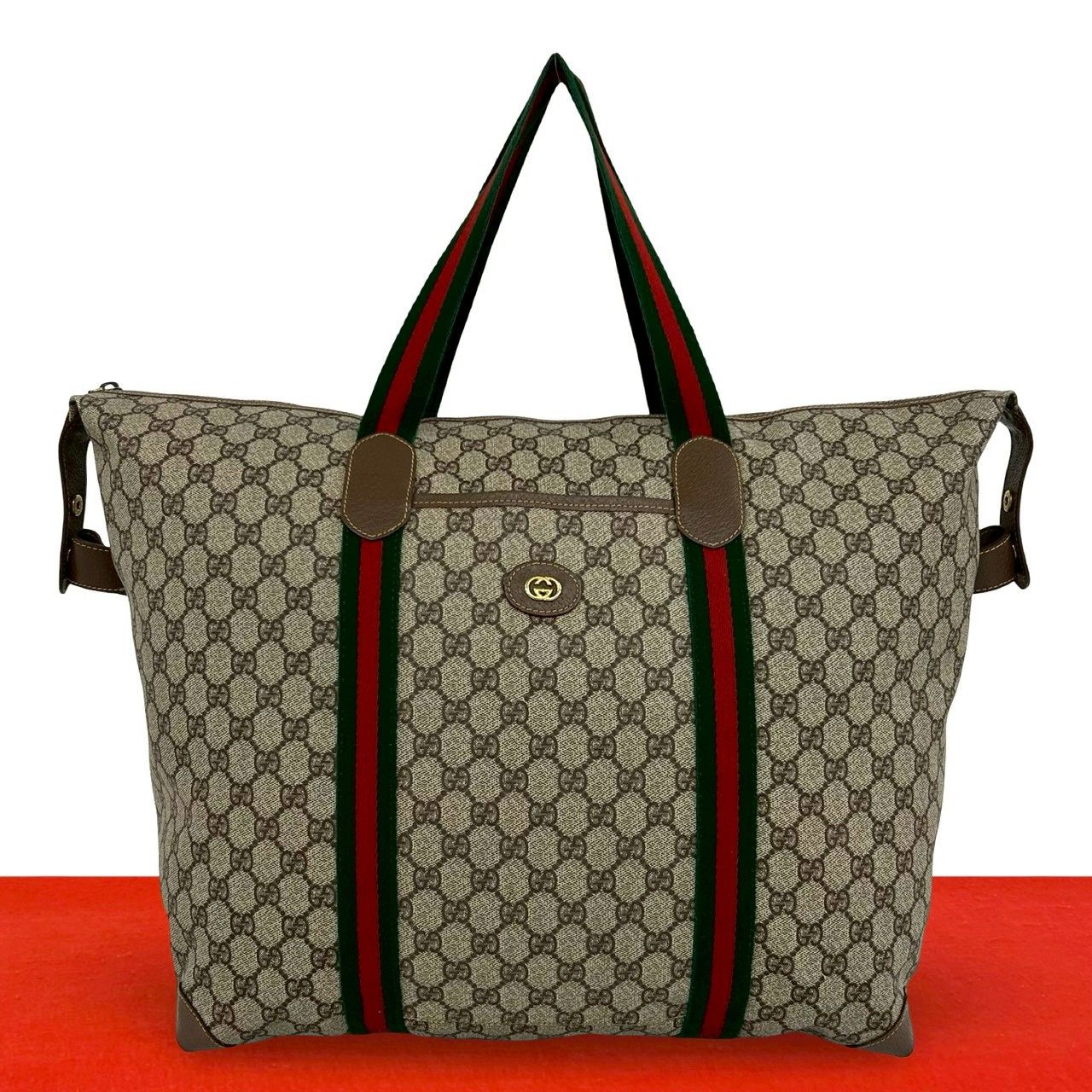 極 美品 GUCCI グッチ オールドグッチ シェリーライン GG ロゴ 柄 レザー トートバッグ ボストンバッグ トラベルバッグ ブラウン 33086