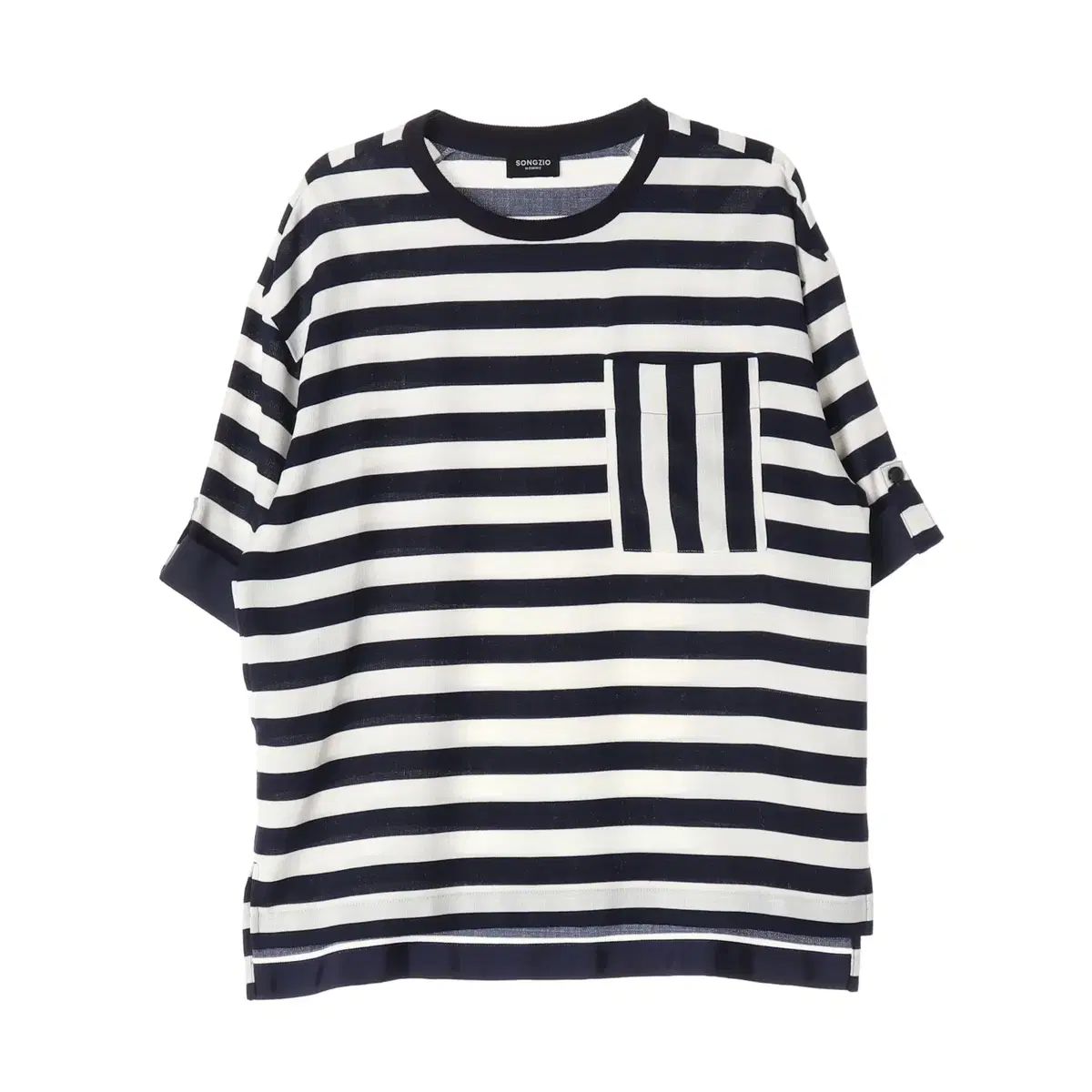 SONGZIO HOMME(ソンジオ・オム) ストライプ ポケット ロールアップ 半袖 Tシャツ ネイビー