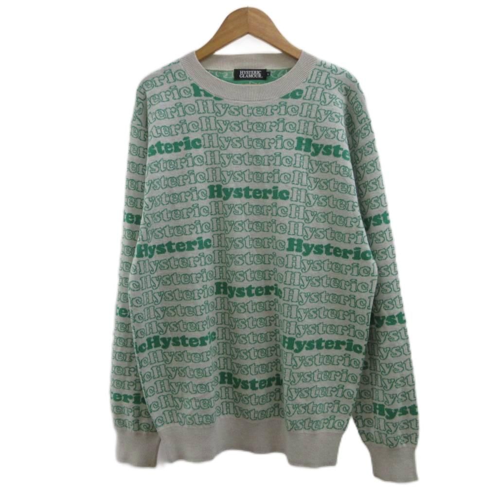 ヒステリックグラマー HYSTERIC GLAMOUR ニット セーター プルオーバー L グレー 緑 グリーン ロゴプリント 総柄 ジャガード クルーネック 長袖 02181NS04 /PP ■ECD005