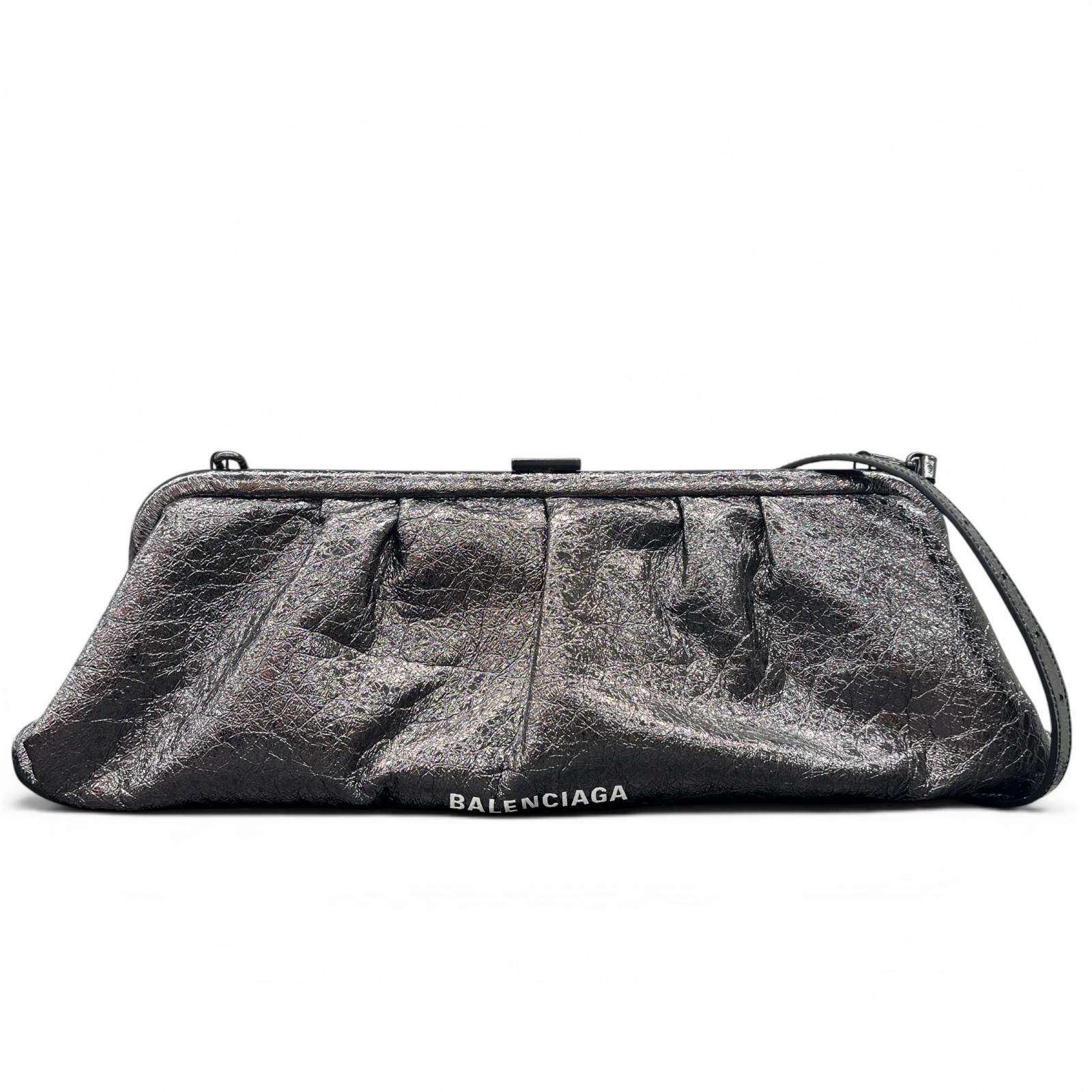 BALENCIAGA 希少 極美品 バレンシアガ CLOUD クラウド 2way ショルダーバッグ クラッチバッグ 618899 レザー ガンメタル ロゴ クロスボディ Aランク 中古 鑑定済 バレンシアガバッグ