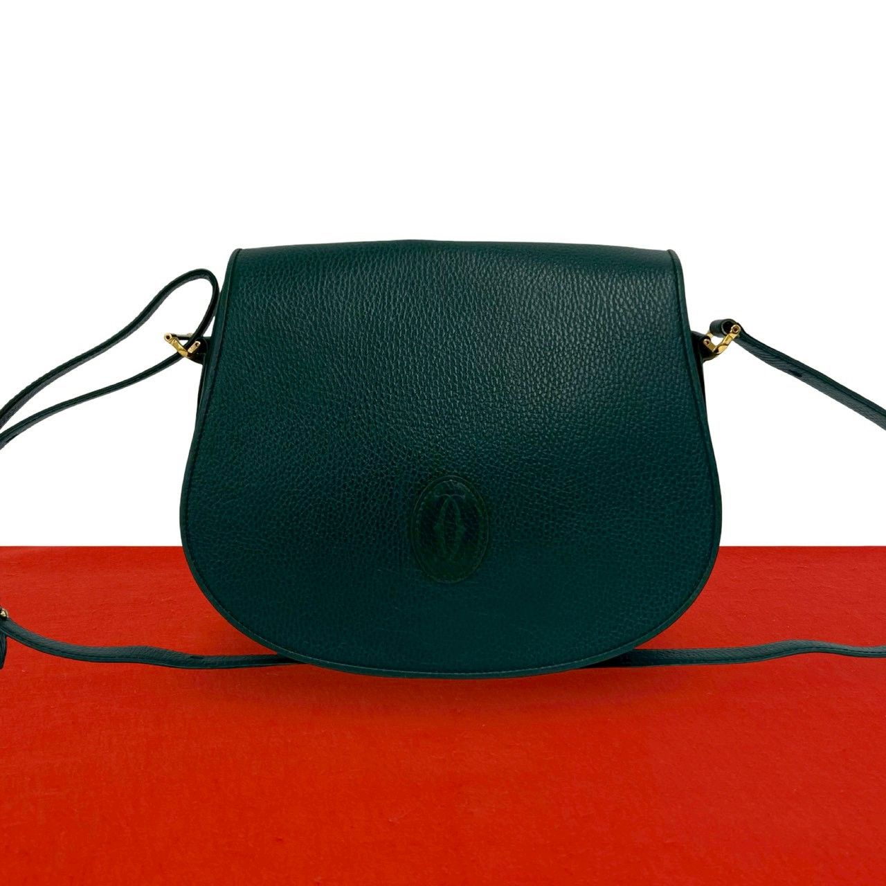 極 美品 CARTIER カルティエ ヴィンテージ マストライン レザー 本革 ショルダーバッグ セミショルダーバッグ グリーン 緑 28953