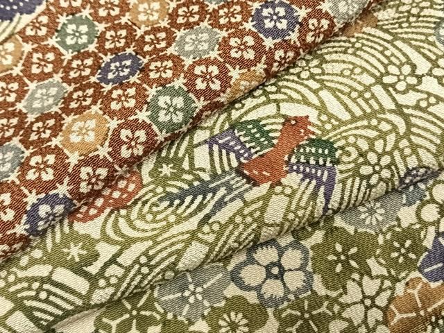 平和屋着物●上質な小紋　型染め　横段花鳥文　鬼しぼ縮緬　正絹　逸品　AABI2042fy 29,250円
