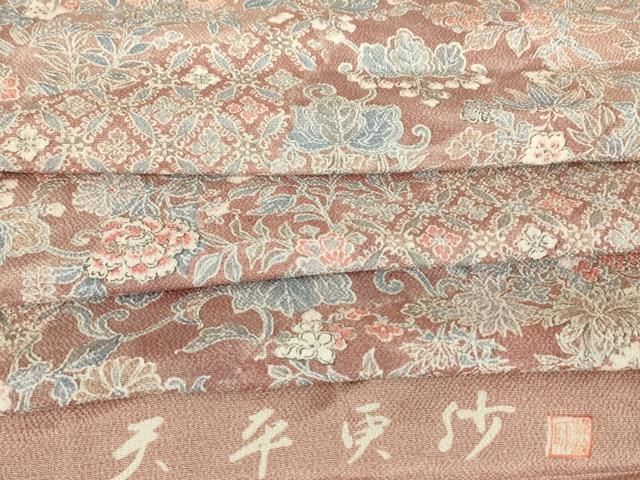 平和屋着物▽上質な小紋　単衣　作家物　天平更紗　鬼しぼ縮緬　反端付き　正絹　逸品　DABE4979az