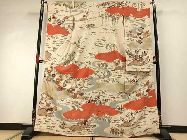 平和屋着物●アンティーク　大正ロマン　豪華振袖　駒刺繍　雲取り花文　金彩　正絹　逸品　AABI8893fy