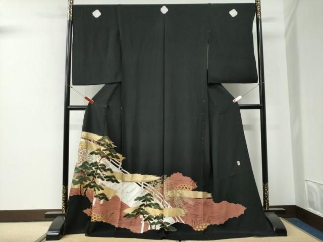 平和屋着物●豪華黒留袖　作家物　渡り橋浜松籬草花文　金彩　仮絵羽　正絹　逸品　未使用　CABG0509yc