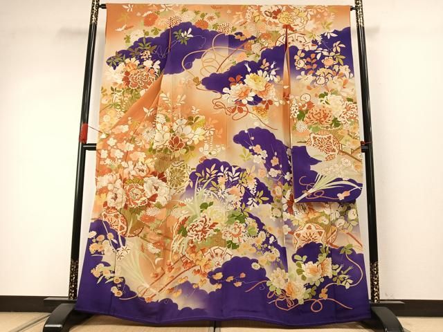 平和屋本店●アンティーク　大正ロマン　振袖　駒刺繍　草花文　暈し染め　金糸　金彩　正絹　逸品　AABI8927fy