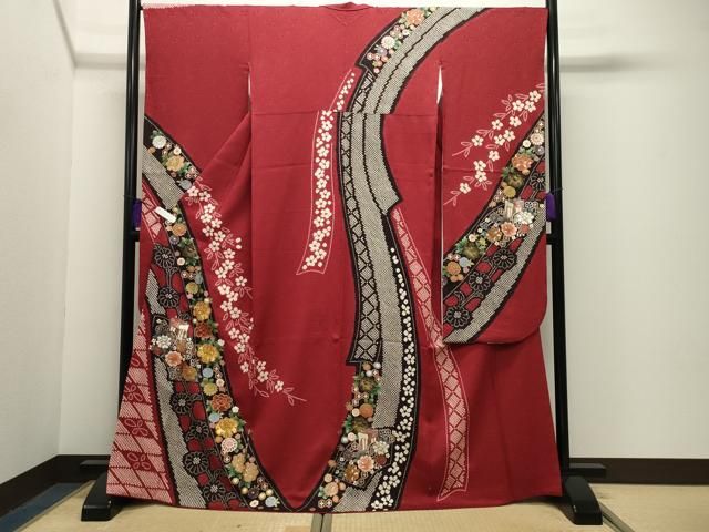 平和屋着物●豪華振袖　駒刺繍　絞り　御所車花文　金銀彩　京都きもの友禅扱い　正絹　逸品　CABG4387gh