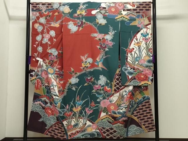 平和屋着物●豪華振袖　紅型　尾長鳥風景花文　正絹　逸品　CABG4392gh