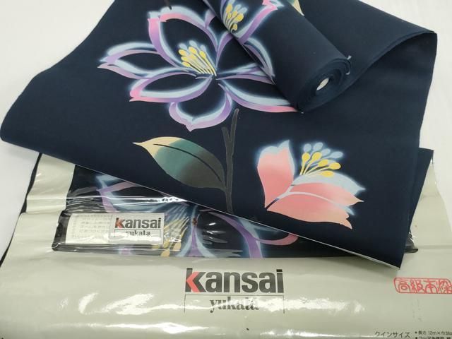 平和屋着物＊夏物 世界的ファッションデザイナー　山本寛斎　kansaiブランド 浴衣 反物 着尺 草花文 紺地 綿 逸品 未使用 DABH2123zzz