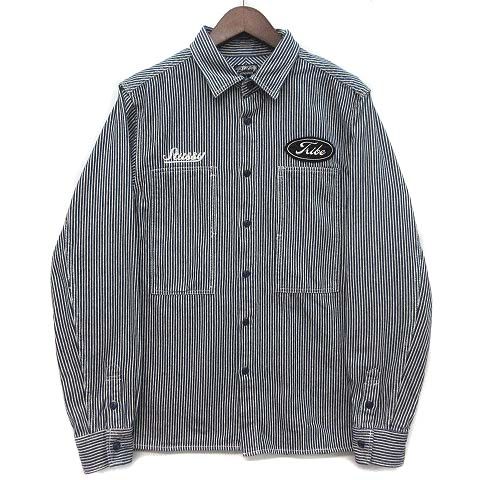 ステューシー STUSSY ヒッコリー ワークシャツ 長袖 Tribe ワッペン チェーン刺繍 インディゴ L