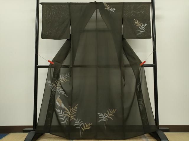 平和屋着物＊夏物　訪問着　絽　手描き　尾長鳥枝葉文　金銀彩　正絹　逸品　CABH7859ze