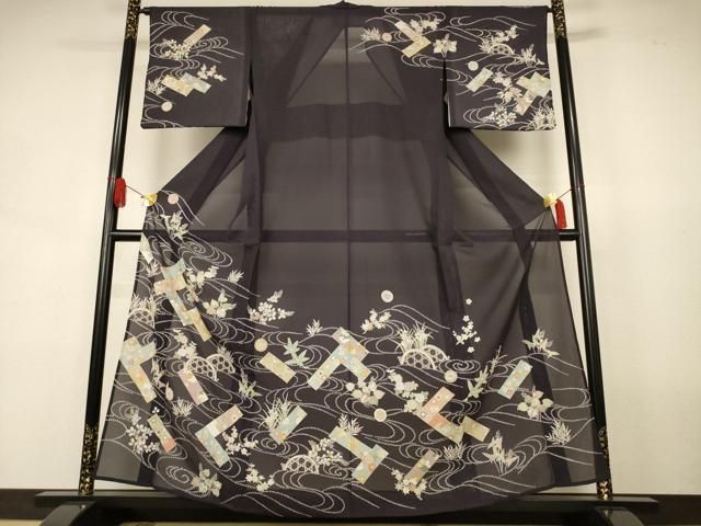 平和屋着物＊夏物　訪問着　絽　駒刺繍　流水短冊花文　金彩　正絹　逸品　AABJ8106jd