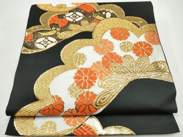 平和屋着物●西陣　川島織物　六通柄　本袋帯　草花文　黒地　金糸　正絹　逸品　CABI8915hy