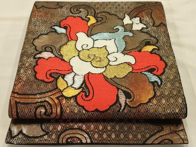 平和屋着物●六通柄　本袋帯　名物中牡丹　黒地　金糸　正絹　逸品　AABJ7625sx