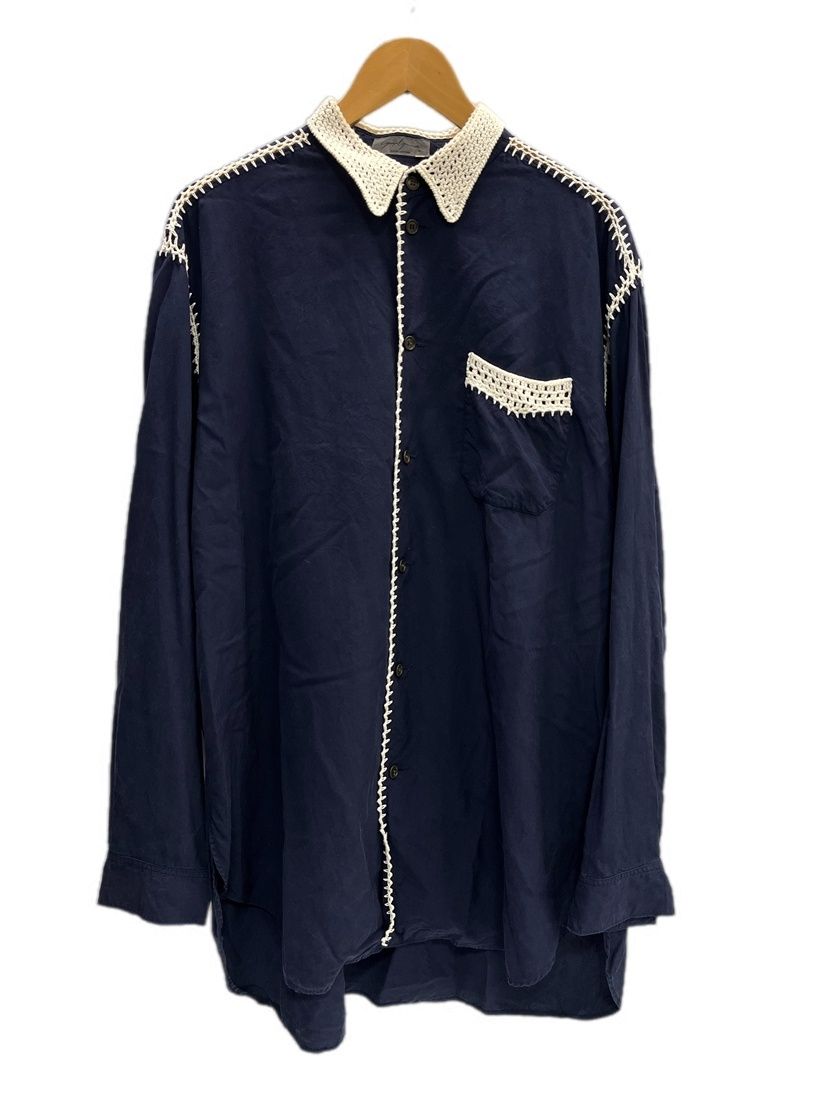 ヨウジ ヤマモト YOHJIYAMAMOTO POUR HOMME 1991ss アミセス ブラウスシャツ かぎ編み レース 切り替えシャツ 紺 長袖シャツ ネイビー Mサイズ 101MT-6410