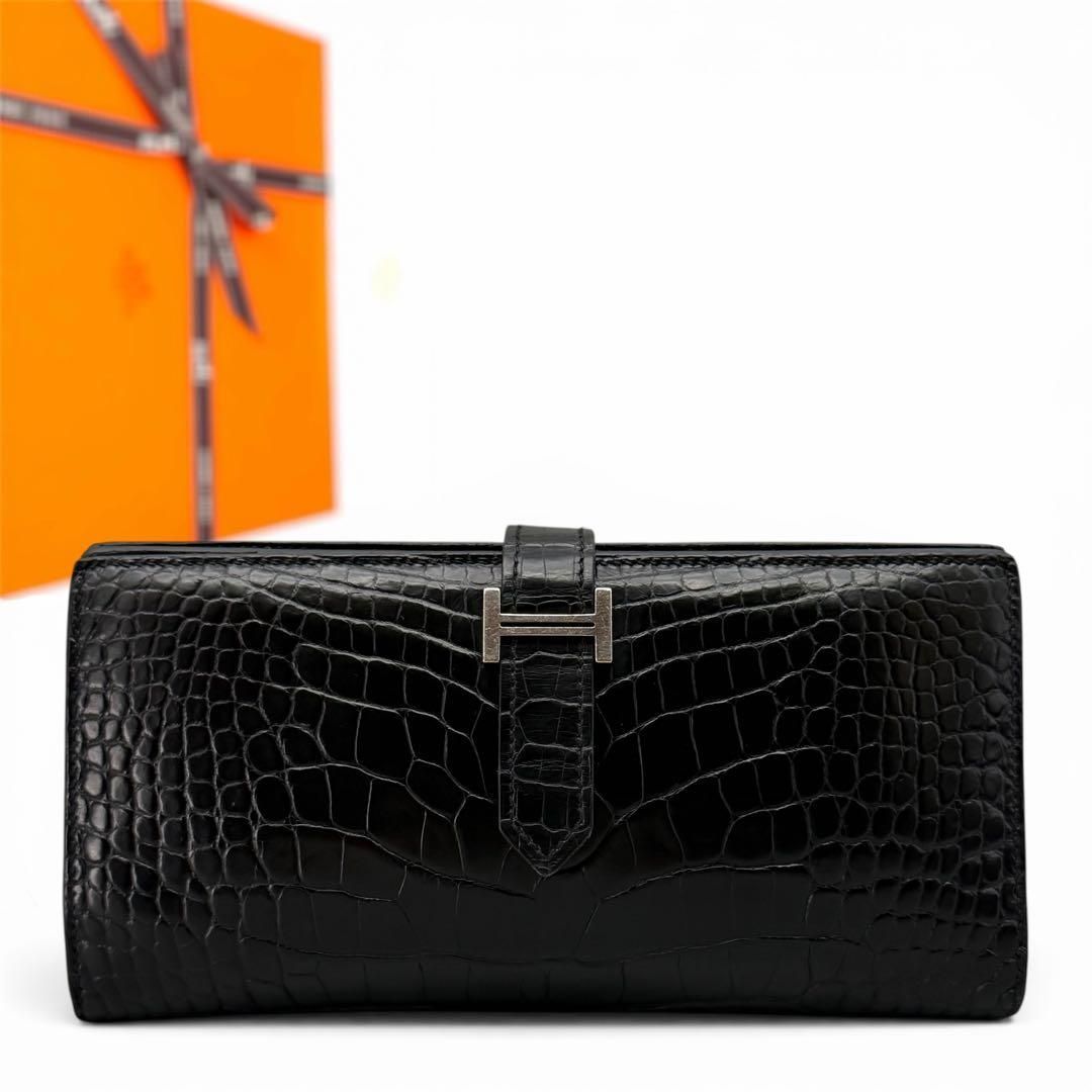 超極美品　HERMES エルメス ベアン スフレ アリゲーター ブラック エルメス　ベアンスフレ　長財布　アリゲーター　ブラック　艶あり　レディース　メンズ