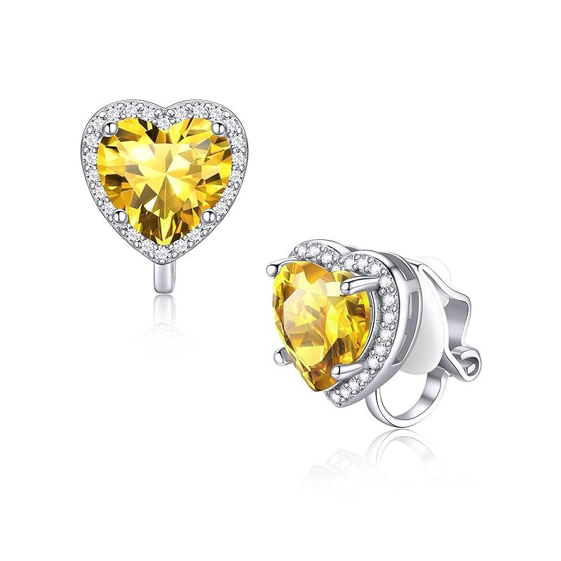 FindChic イヤリング レディース シルバー925 金属アレルギー対応 ノンホールピアス 11月 誕生石 ミトリンイヤリング 痛くない フェイクピアス キュービックジルコニア キラキラ ハート 可愛い 穴不要 両耳 誕生日 プレゼント 女性 アクセサリー