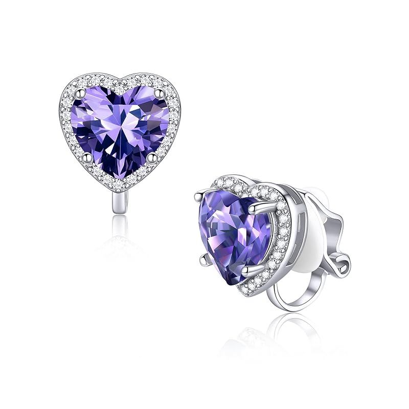 FindChic イヤリング レディース シルバー925 金属アレルギー対応 ノンホールピアス 2月 誕生石 アメシストイヤリング 痛くない フェイクピアス キュービックジルコニア キラキラ ハート 可愛い 穴不要 両耳 誕生日 プレゼント 女性 アクセサリー