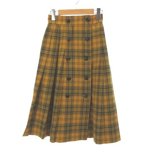 イヴサンローラン YVES SAINT LAURENT 前ボタン チェック プリーツ ラップ スカート ひざ丈 S ウール マスタード