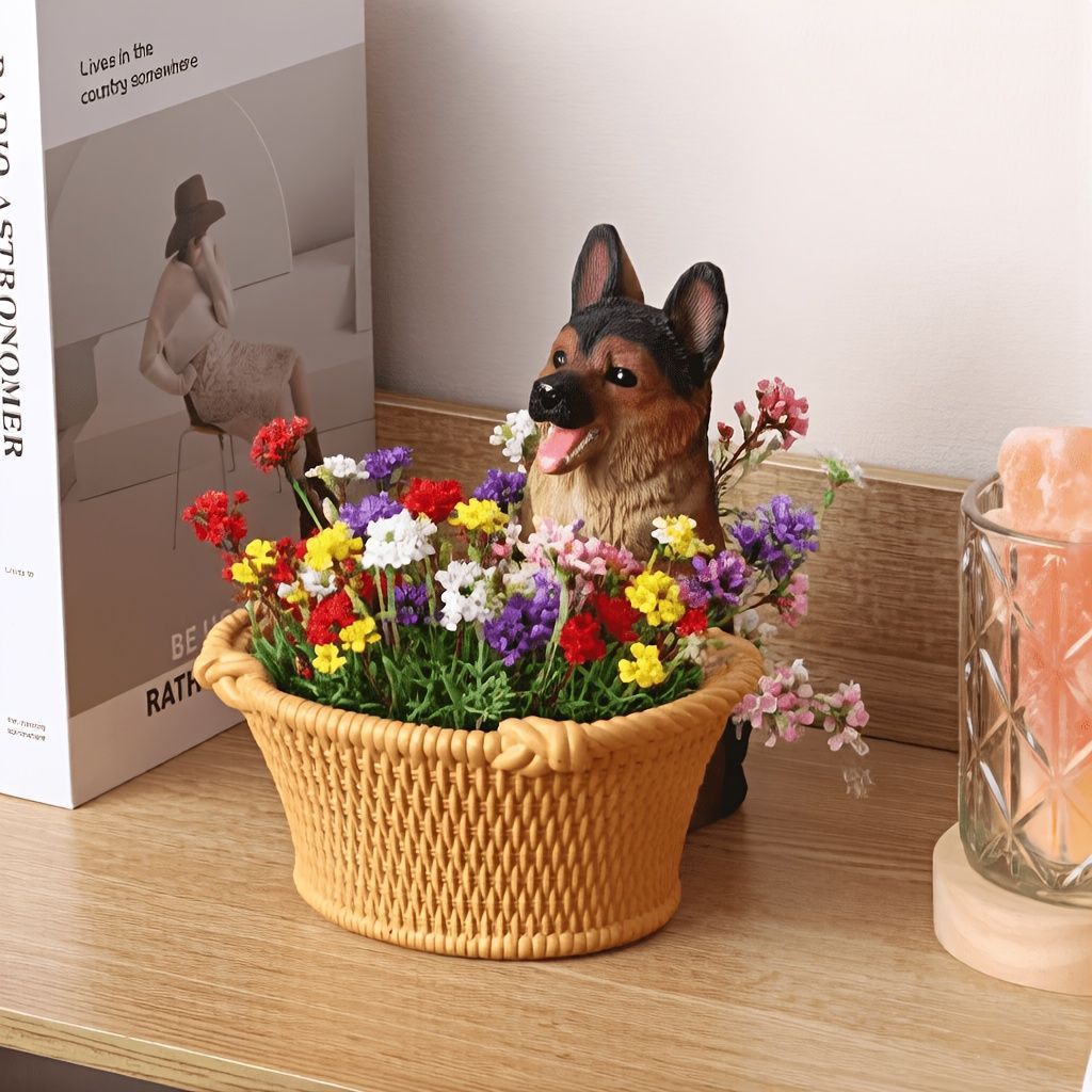 鉢植え 植木鉢 プランター プラントポット フラワーポット ガーデニング 樹脂 屋内 屋外 インテリア 庭 玄関 カゴに足をかけているイヌ い