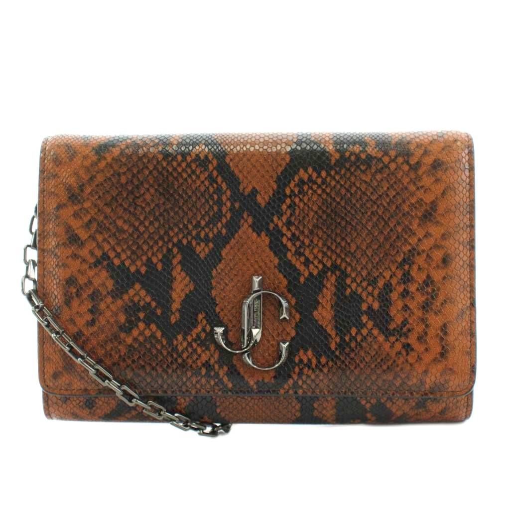 ジミーチュウ JIMMY CHOO ヴァレンヌ ショルダーバッグ チェーン パイソン型押し レザー 茶 ブラウン 黒 ブラック /AN39