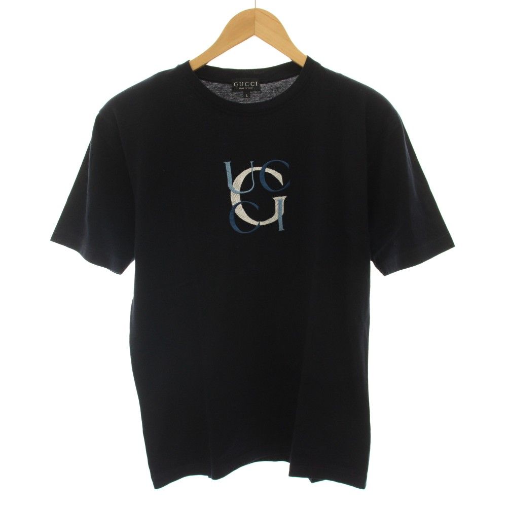 グッチ GUCCI Tシャツ カットソー クルーネック 半袖 ロゴ刺繍 L 紺 