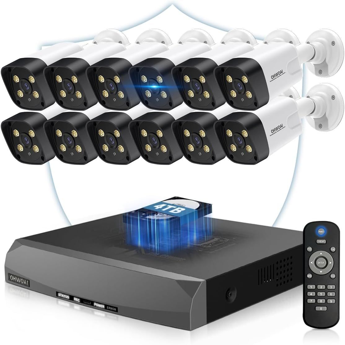 防犯カメラセット 4K800万画素 POE給電 12台監視カメラ 16CH録画機 4TB HDD搭載 AI人物検知 フルカラー暗視 双方向通話 リモコン操作 無料APP対応 IP66防水 家庭用・店舗用