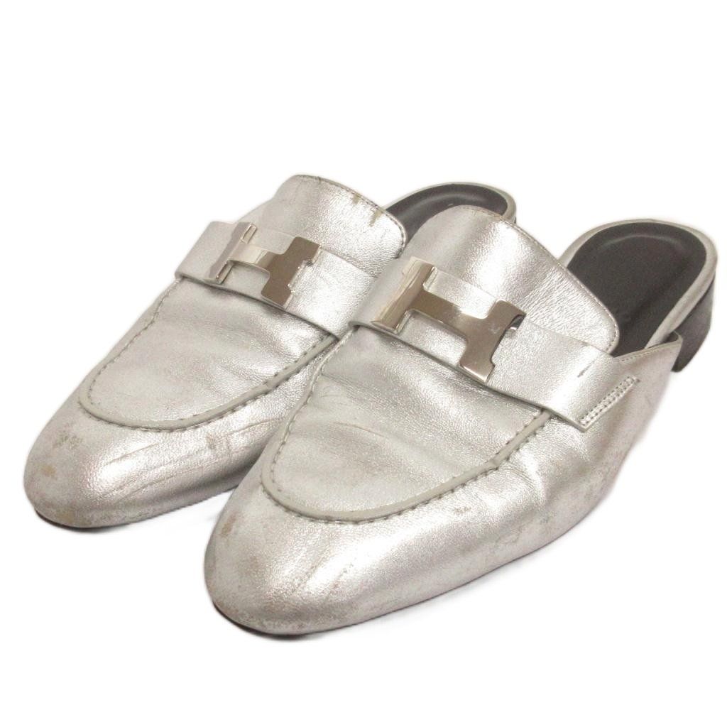 エルメス HERMES トロカデロ フラットシューズ サンダル ミュール Hロゴ 金具 191093Z シルバーカラー 35