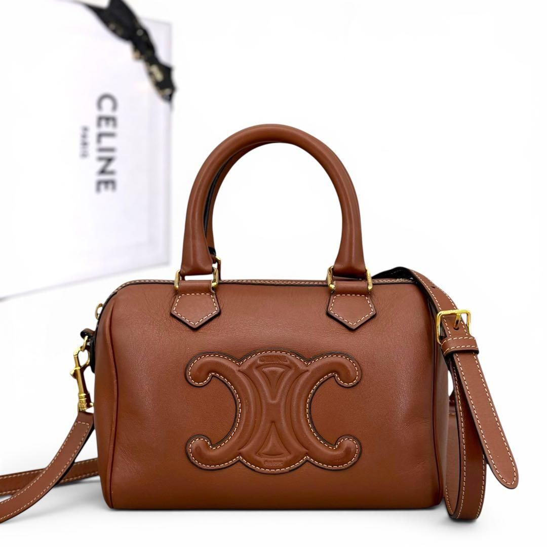 セリーヌ　キュイル　トリオンフ　ミニボストンバッグ　ブラウン　2way CELINE スモールボストン レザー