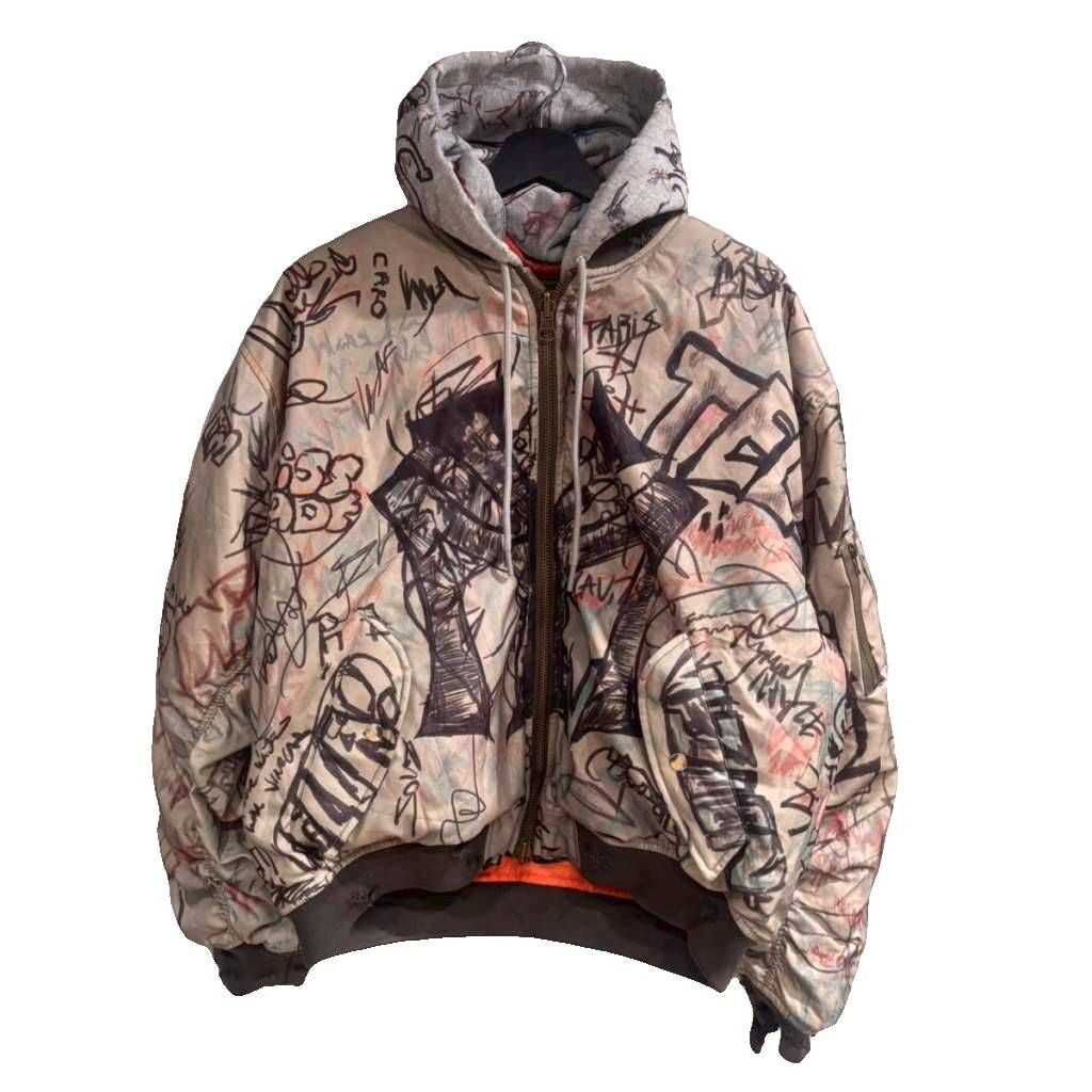 モワローラ MOWALOLA 25AW graffiti bomber jacket グラフィティボンバージャケット 総柄 ダメージ加工 L カーキ