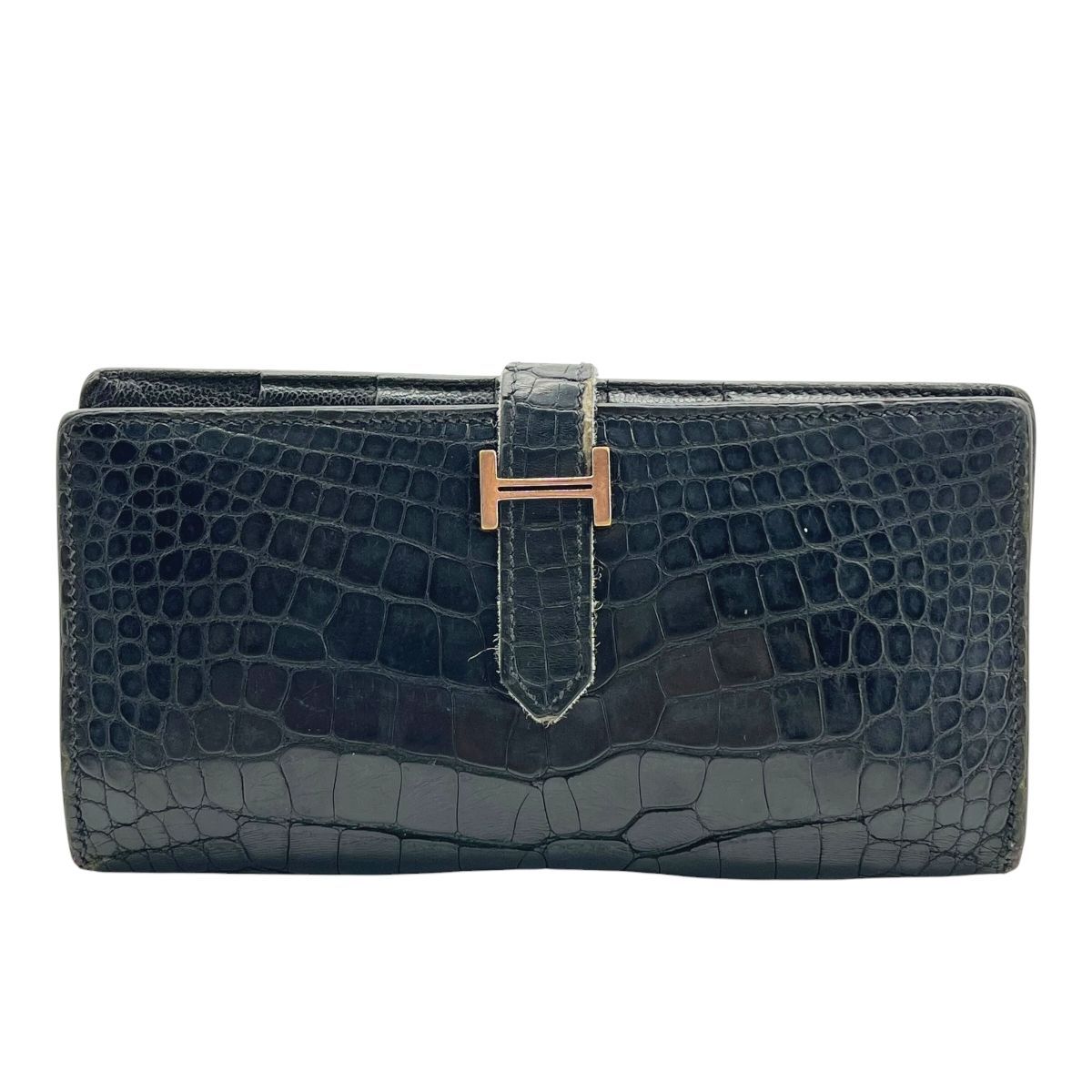 【中古】 HERMES エルメス ベアンスフレ アリゲーター 黒 ノワール パラジウム金具 クロコ □L ロングウォレット 長財布 レディース メンズ 26014926 HO
