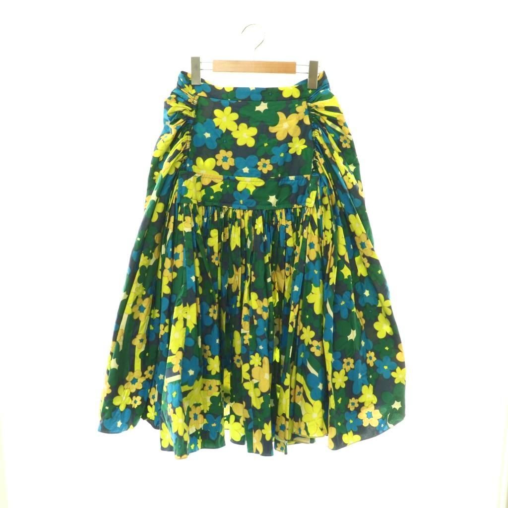 マルニ MARNI コットン 花柄 フロントギャザースカート ロング 38 ネイビー イエロー /HK ■OS