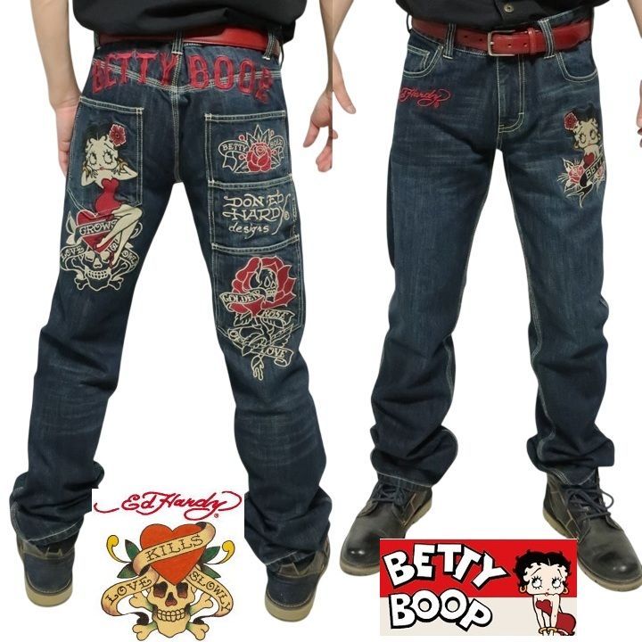 ベティーブープ ベティブープ エドハーディー コラボ ジーンズ/ジーパン/デニム 刺繍 BETTY BOOP ED HARDY キャラクター メンズ インディゴ サイズ30-32-34-36 BED-2604 ネバーマインド