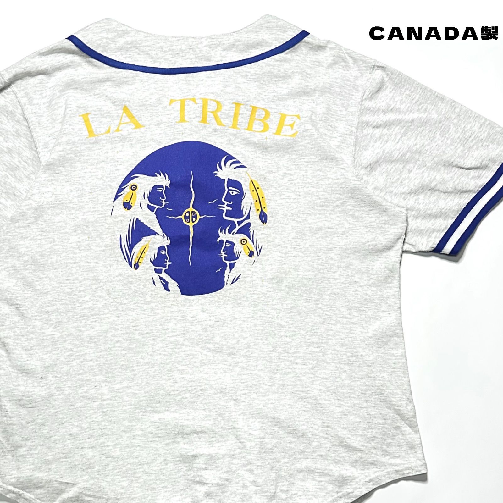 【80s】【カナダ製】【Ash City】LA TRIBE ネイティブアメリカン フェザー プリント ベースボール シャツ L ビンテージ アメカジ 古着 スポーツ
