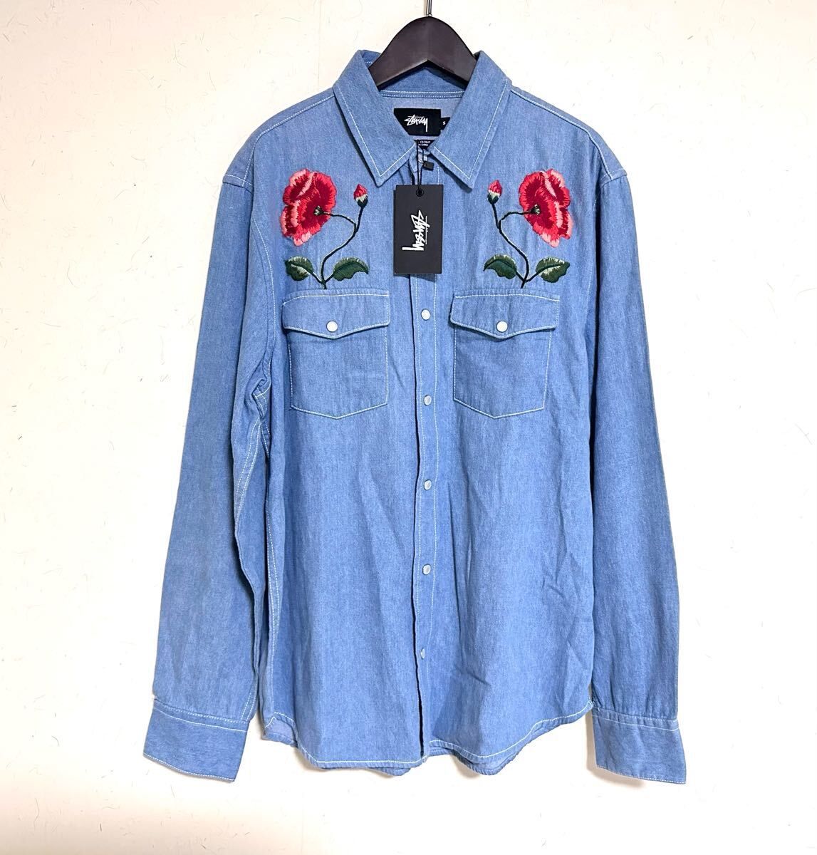 未使用 デッドストック オールド STUSSY ステューシー POPPY DENIM SHIRT ポピー デニム シャツ 長袖 刺繍 Sサイズ 111952