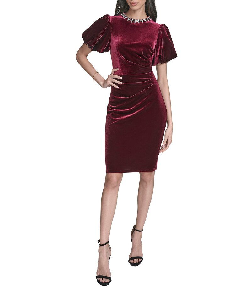 エリザジェイ レディース トップス ワンピース ミニワンピース ミニ ベルベット Eliza J Embellished Neck Velvet Short Puff Sleeve Mini Dres