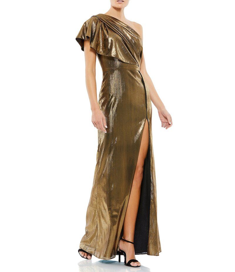 マックダガル レディース トップス ワンピース フリル トール Mac Duggal Metallic Ruffle One Shoulder Short Sleeve Gown Bronze メタリ