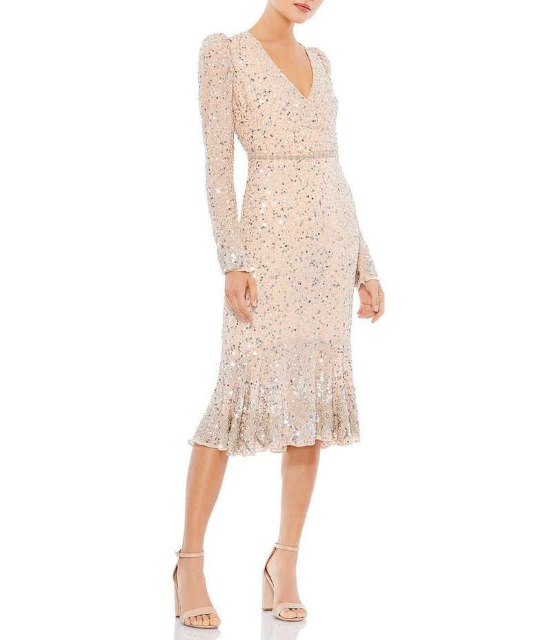マックダガル レディース トップス ワンピース Vネック ミディワンピース ミディ スパンコール Mac Duggal Sequin Embellished Flounce Hem Surplice