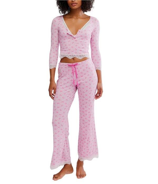 フリーピープル レディース アンダーウェア ナイトウェア プリント ニット Free People Stolen Dance Bow Print 34 Sleeve Henley Top Pant K