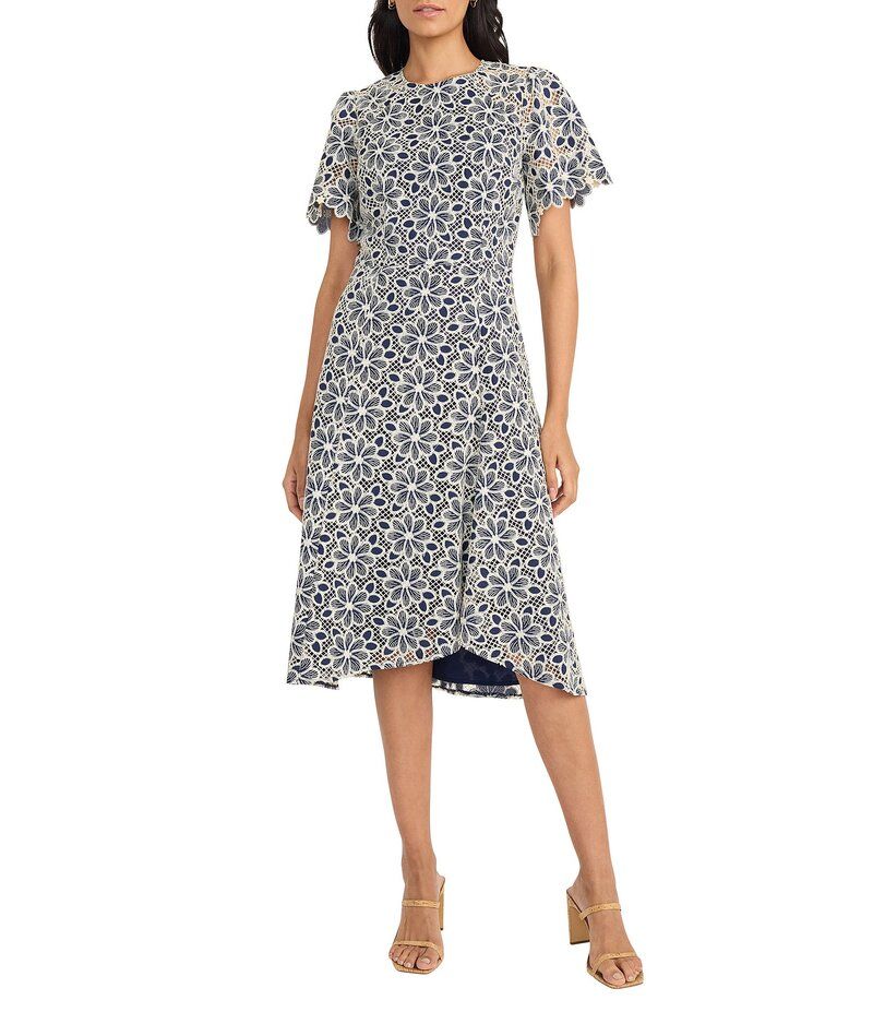 マギーロンドン レディース トップス ワンピース A ライン ミディワンピース フラワー柄 ミディ レース フラワー Maggy London Round Neck Flutter Sleeve Fl