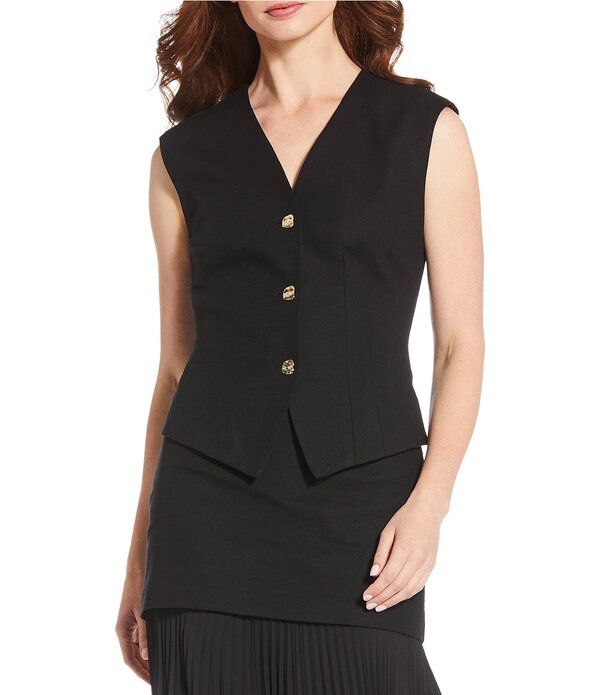 アントニオ メラーニ レディース アウター ベスト Vネック ノースリーブ リネン Antonio Melani Bae Linen Blend Gold Button VNeck Sleeveles