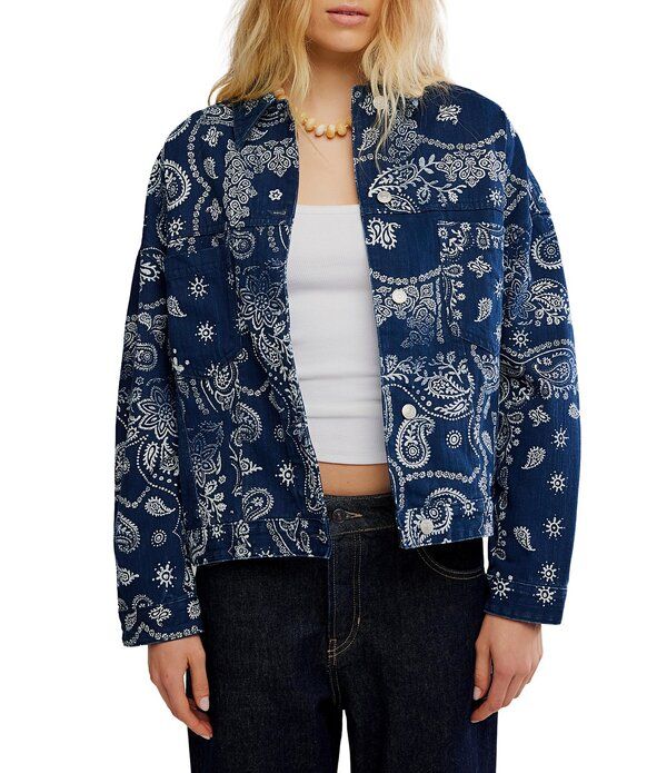 フリーピープル レディース アウター コート プリント デニム ジャケット Free People We The Free Opal Swing Bandana Print Collared Long