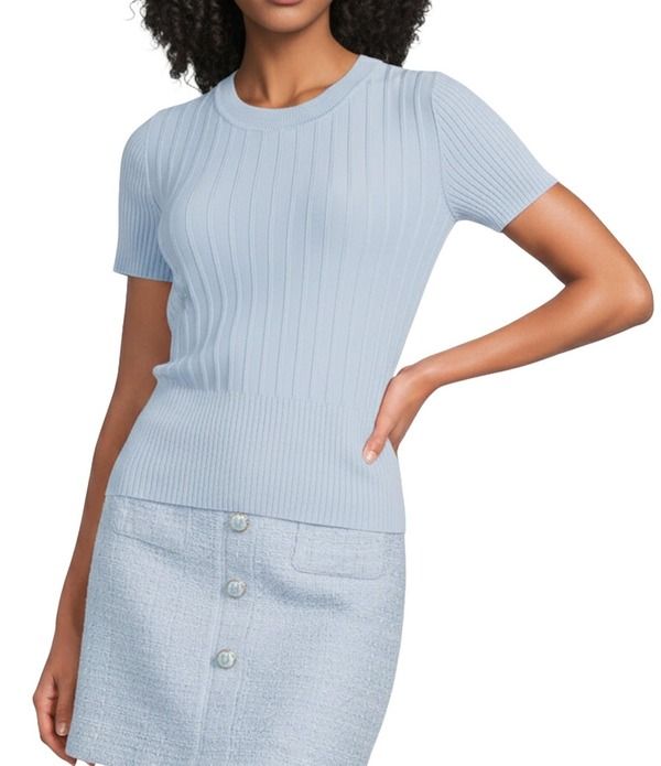 カール ラガーフェルド レディース アウター ニット・セーター クルーネック リブ KARLAGERFELD PARIS Ribbed Knit Crew Neck Short Sleeve Swea