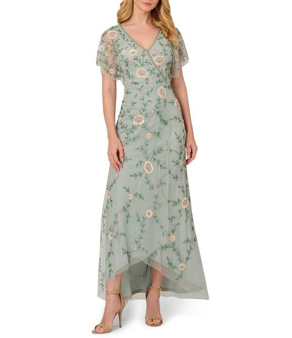 アドリアナ パペル レディース トップス ワンピース Vネック フラワー柄 プチ メッシュ フラワー Adrianna Papell Petite Size VNeck Flutter Sleeve
