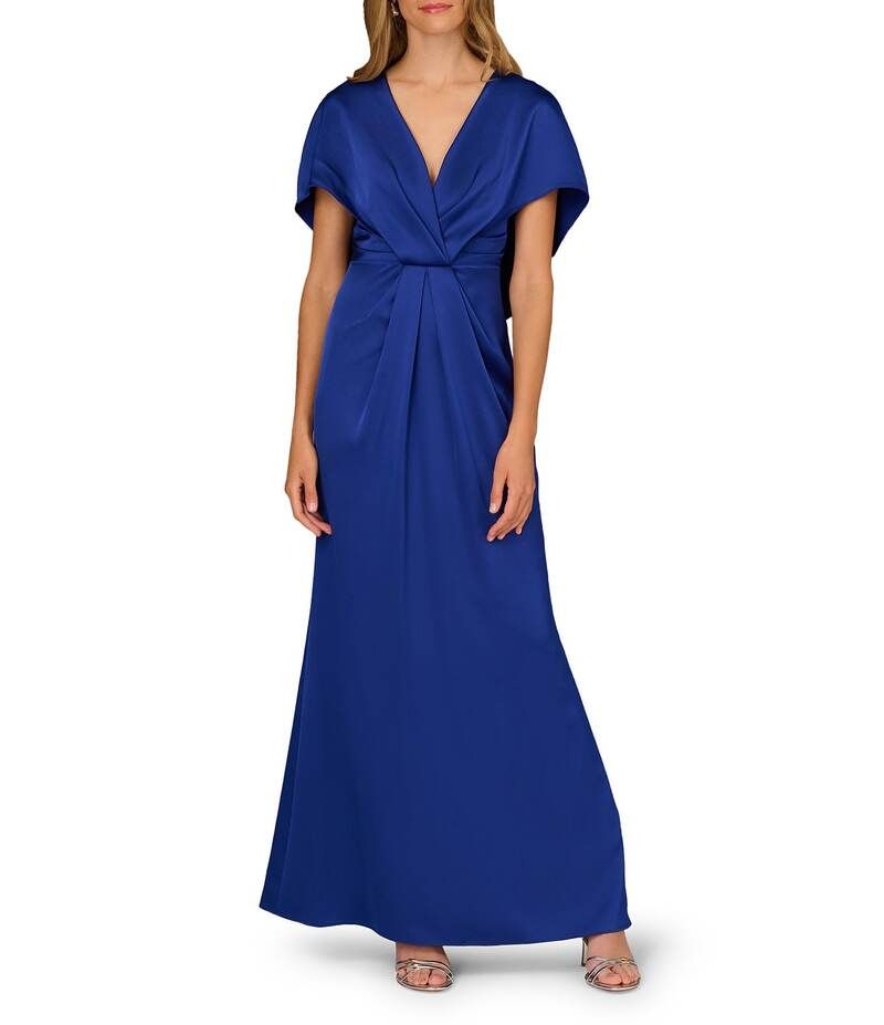 アイダンマットックス レディース トップス ワンピース Vネック A ライン サテン Aidan Mattox Satin VNeck Short Sleeve Bow Back ALine Gown
