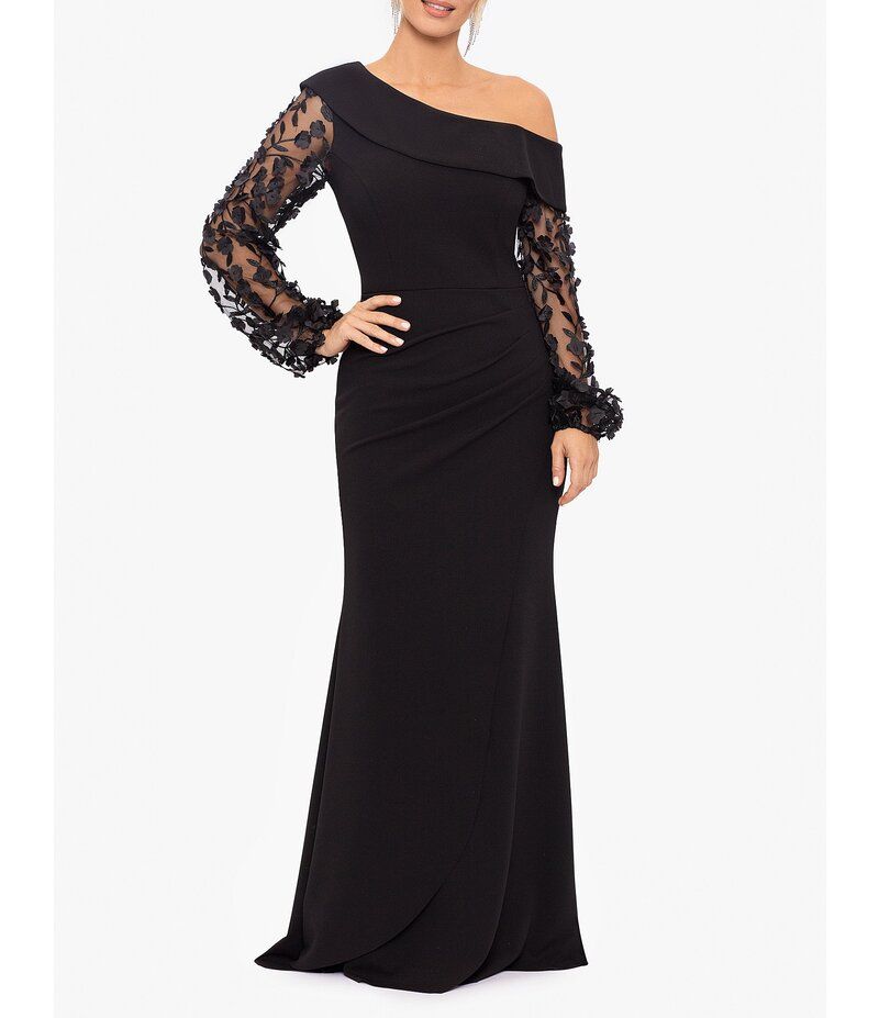 エスケープ レディース トップス ワンピース クレープ フラワー柄 スキューバ フラワー Xscape Scuba Crepe One Shoulder Long 3D Floral Sleeve G