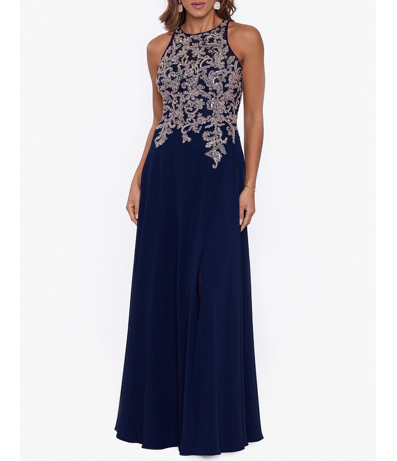 ベッツィアンドアダム レディース トップス ワンピース シフォン ノースリーブ ホルター Betsy Adam Beaded Embroidery Chiffon Halter Neck Keyhol