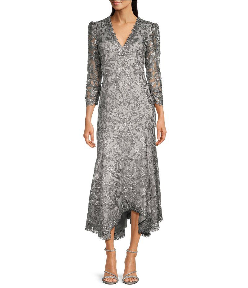 タダシショージ レディース トップス ワンピース Vネック アシンメトリー トール スパンコール レース Tadashi Shoji Metallic Sequin Lace VNeck 34 Sle
