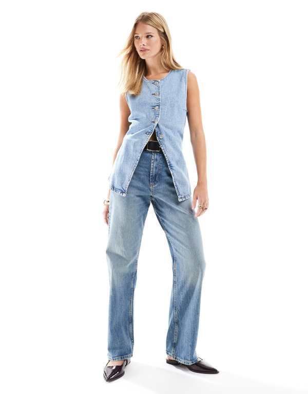 エイソス レディース ボトムス デニムパンツ ストレート ジーンズ ASOS DESIGN comfort stretch straight leg jeans in mid MID BLUE ブルー